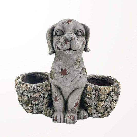 Chien avec 2 pots à plante